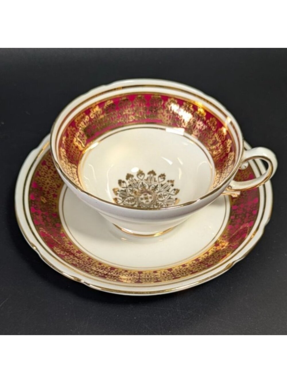 Stanley Fine Bone China Teacup Saucer Set Red Gold Floral Elegant Vintage